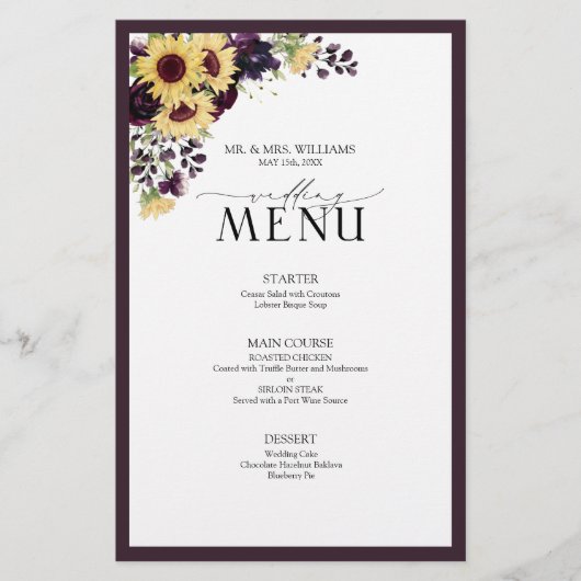 Élégant Plum violet Sunflower Menu Mariage (Devant)
