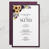 Élégant Plum violet Sunflower Menu Mariage (Devant / Derrière)