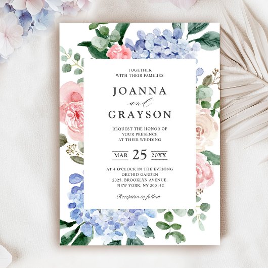 Elegant Poeder Blauw Roze Hydrangea Formele Bruilo Kaart
