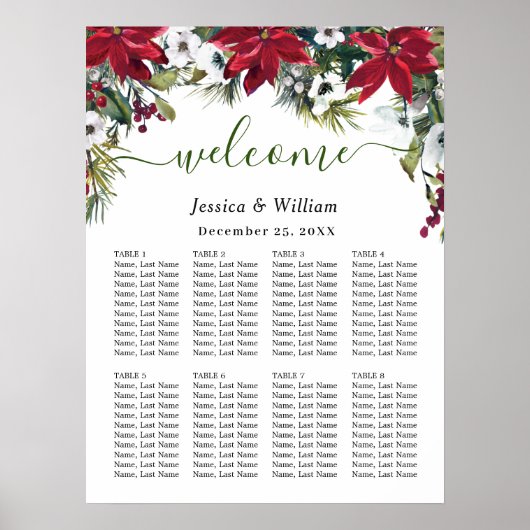 Elegant Poinsettia 8 Tables Weddenschap Poster (Voorkant)