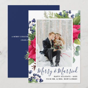 Elegant Poinsettia Blue Merry & Married Photo Feestdagenkaart