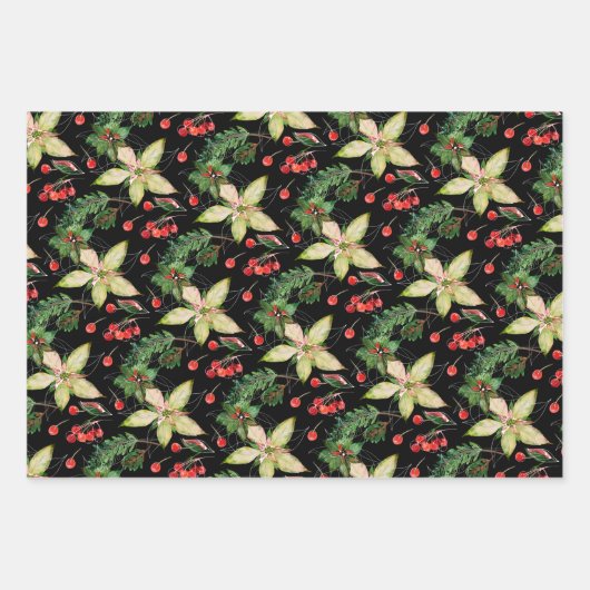 Elegant Poinsettia en Berries op zwart Inpakpapier Vel (Voorkant)