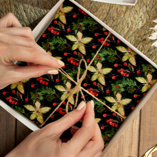 Elegant Poinsettia en Berries op zwart Tissuepapier