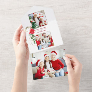 Elegant Poinsettias & Gold Scroll 2-foto All In One Uitnodiging