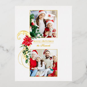 Elegant Poinsettias & Gold Scroll 2-foto Folie Feestdagen Briefkaart