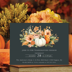 Elegant Pompoen Bloemen Thanksgiving Diner Kaart