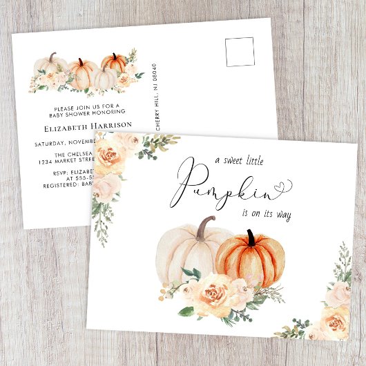 Elegant pompoen bloemenWaterverf Baby shower Uitnodiging Briefkaart
