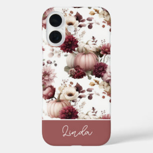 Elegant pompoen- en bloemenpatroon op maat iPhone 16 hoesje