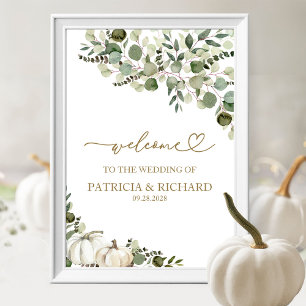 Elegant Pompoen Groene Herfst Bruiloft Welkom Bord Poster