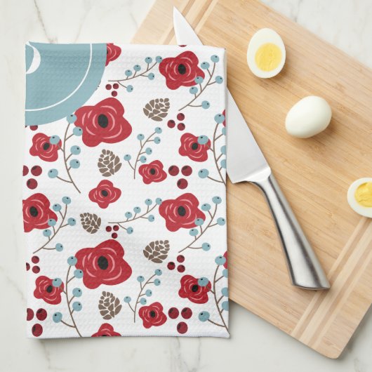 Elegant Poppies and Berries Pattern Monogram Theedoek (Quarter Fold)