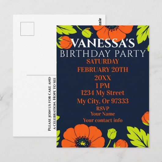 Elegant Poppies Black Birthday Invitation (Devant / Derrière)