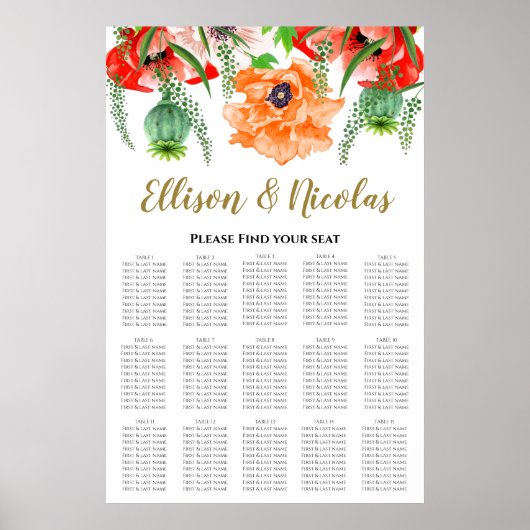 Elegant Poppies Wedding Seding Chart Poster (Voorkant)