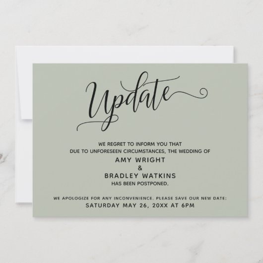 Elegant Postponed Wedding Announding Sage Green Kaart (Voorkant)