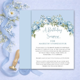 Elegant Powder Blue Peony Floral Birthday Surprise Kaart