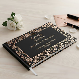 Elegant Premium Black Floral Rose Gold Wedding Gastenboek