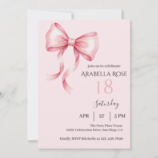 Elegant Preppy Coquette Bow Birthday Party Kaart (Voorkant)