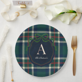 Elegant Preppy Plaid Monogram Christmas Papieren Bordje