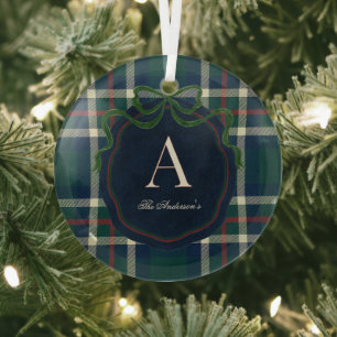 Elegant Preppy Plaid Monogram Kerstmis Glas Ornament