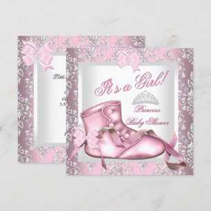Elegant Princess Baby shower Girl Pink Damask 4E Kaart