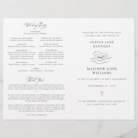 Élégant programme de cérémonie de la messe des Mar (Devant)