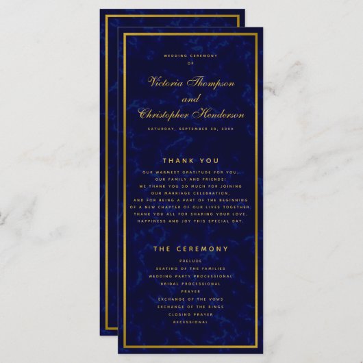 Élégant programme de cérémonie de Mariage bleu et  (Devant / Derrière)