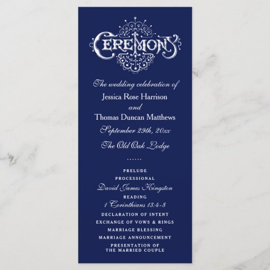 Élégant programme de cérémonie de Mariage bleu et  (Devant)