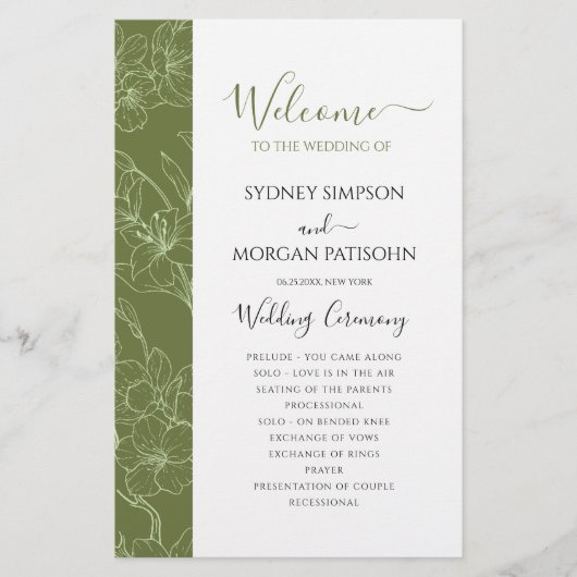 Élégant programme de cérémonie de Mariage vert de  (Devant)