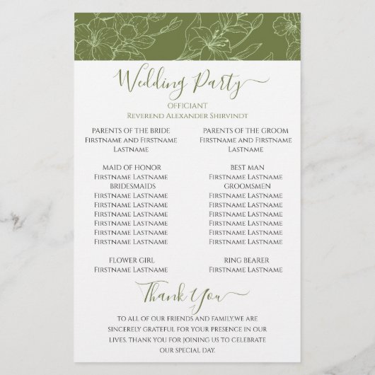 Élégant programme de cérémonie de Mariage vert de  (Dos)