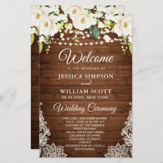 Élégant programme de cérémonie Mariage de dentelle (Devant / Derrière)