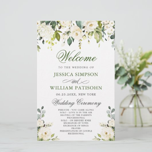 Élégant programme de cérémonie Mariage de Roses Bl (Debout devant)