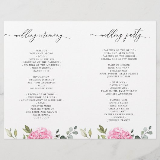 Élégant Programme de Cérémonie Mariage d'Hydrangée (Dos)