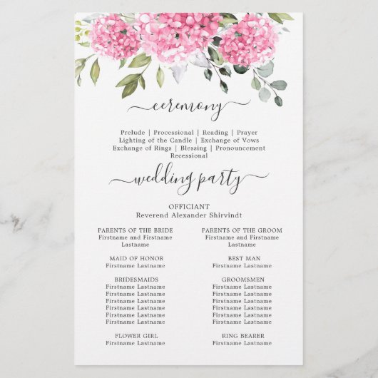 Élégant Programme de Cérémonie Mariage d'Hydrangée (Dos)