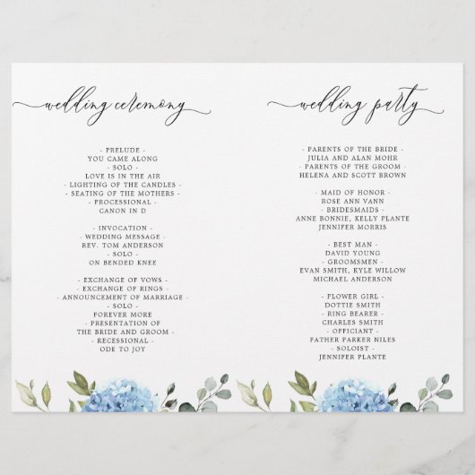 Élégant programme de cérémonie Mariage Hydrangea B (Dos)