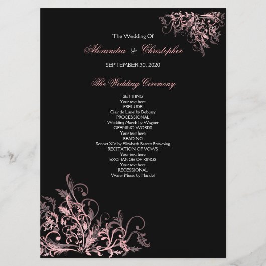 Élégant programme de mariage à fleurs roses rétro (Devant)