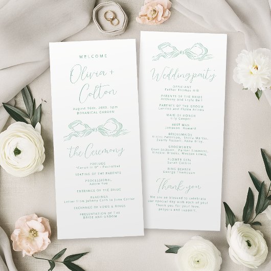 Élégant programme de mariage à l'arc en vert clair