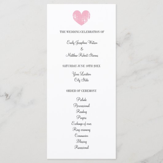 Élégant programme de mariage avec coeur rose rusti (Devant)