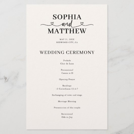 Élégant programme de mariage avec écriture à coeur (Devant)
