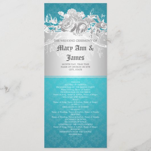 Élégant programme de mariage Baroque Flourish Bleu (Devant)