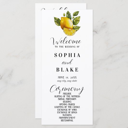 Élégant programme de mariage blanc citron et verdu (Devant / Derrière)