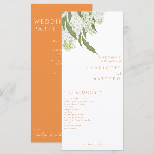 Élégant programme de mariage blanc floral orange (Devant / Derrière)