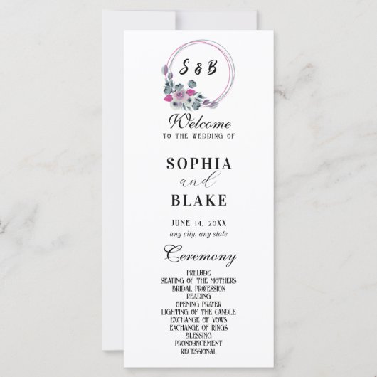 Élégant programme de mariage blanc monographique f (Devant)