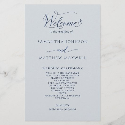 Élégant programme de mariage bleu et argent de la  (Devant)