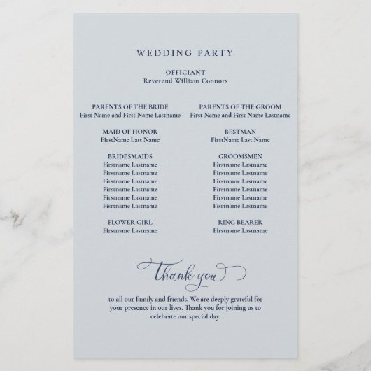 Élégant programme de mariage bleu et argent de la  (Dos)