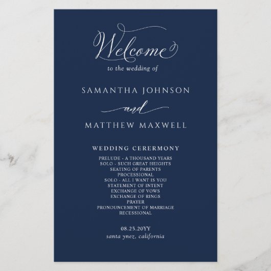 Élégant programme de mariage bleu et blanc (Devant)