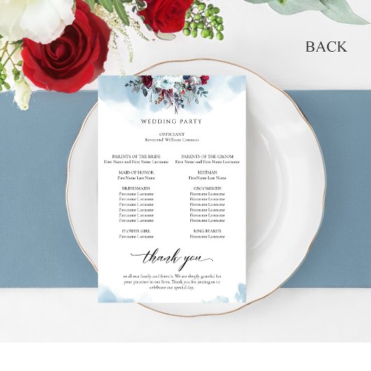 Élégant programme de mariage bleu floral et bordea