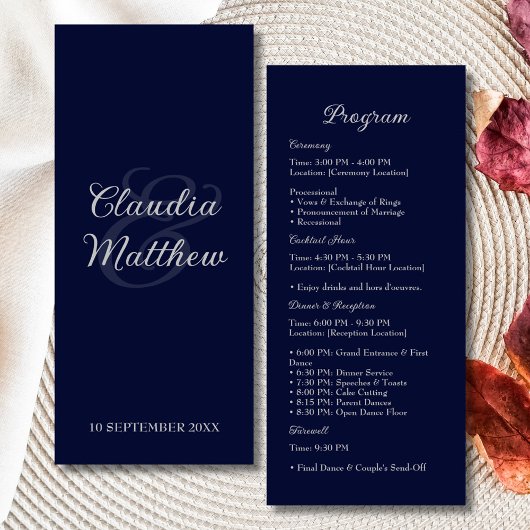 Élégant programme de mariage bleu marine et argent
