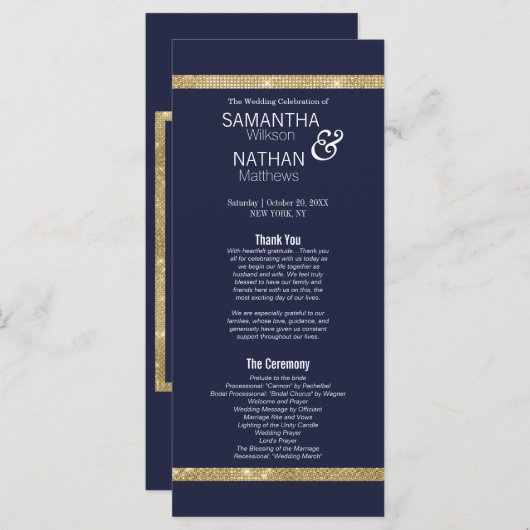 Élégant programme de mariage bleu or de la marine (Devant / Derrière)