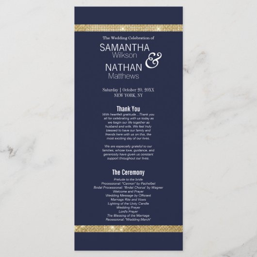 Élégant programme de mariage bleu or de la marine  (Devant)