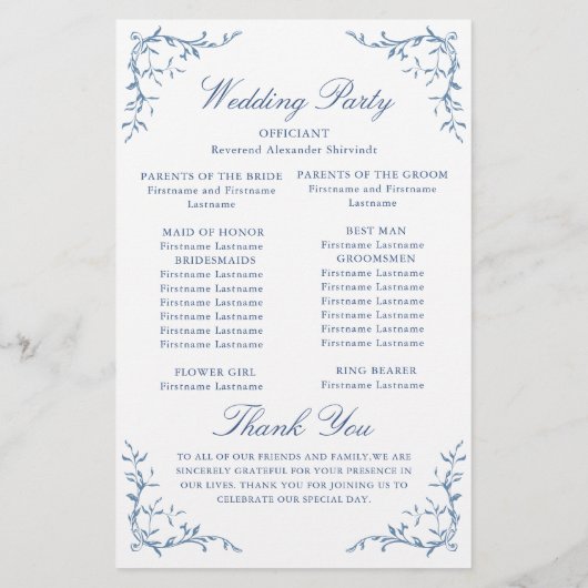 Élégant programme de mariage bleu orné victorien (Dos)