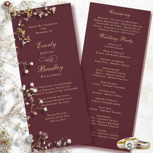 Élégant Programme de Mariage Bordeaux Fond Or